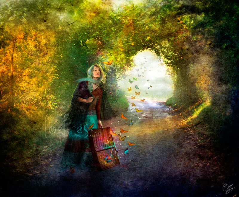woman with suitcase in forest