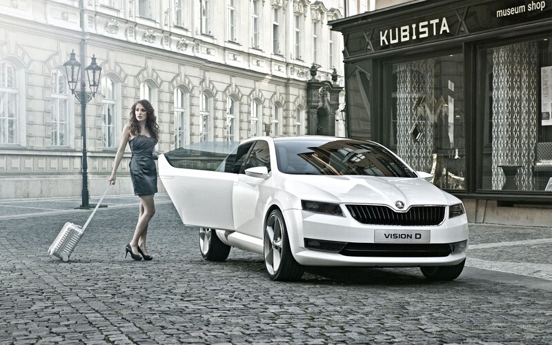 Woman with suitcase near white car