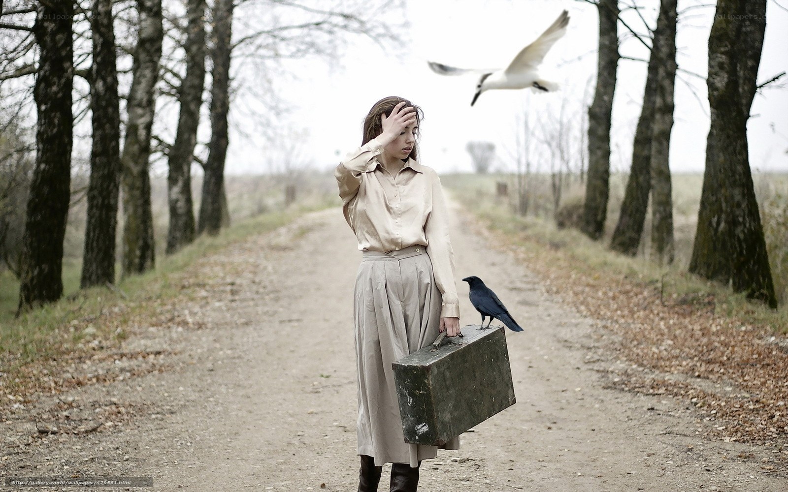 Woman with suitcase on a path