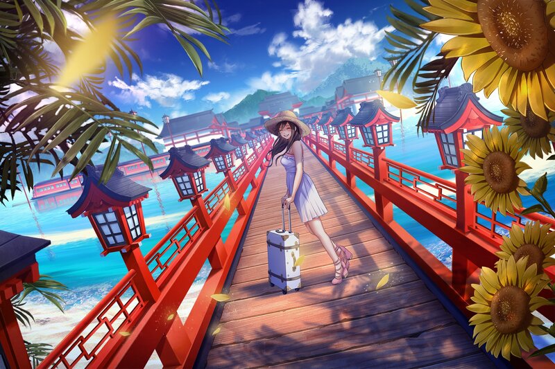 Woman with Suitcase on Bridge