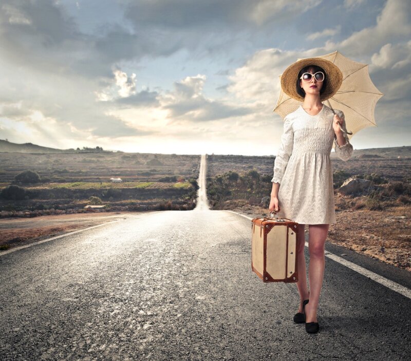 Woman with Suitcase on Road — Gray