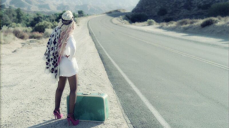 Woman with Suitcase on Road — White