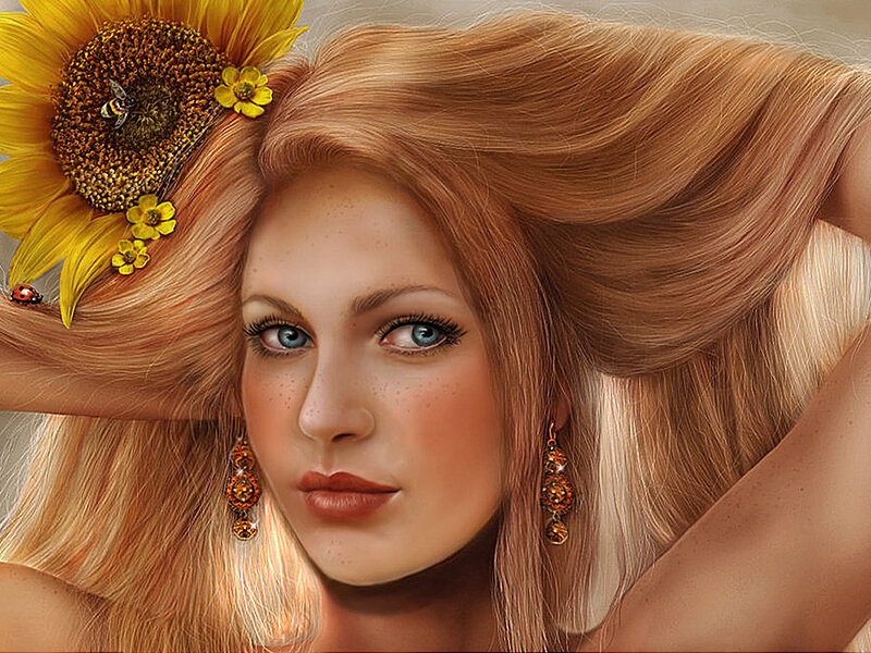Woman with Sunflower — Yellow, Serene, Summer, Digital Art