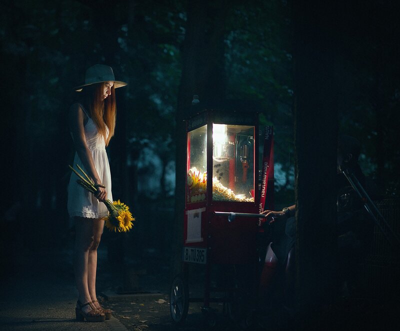 Woman with Sunflowers — Black