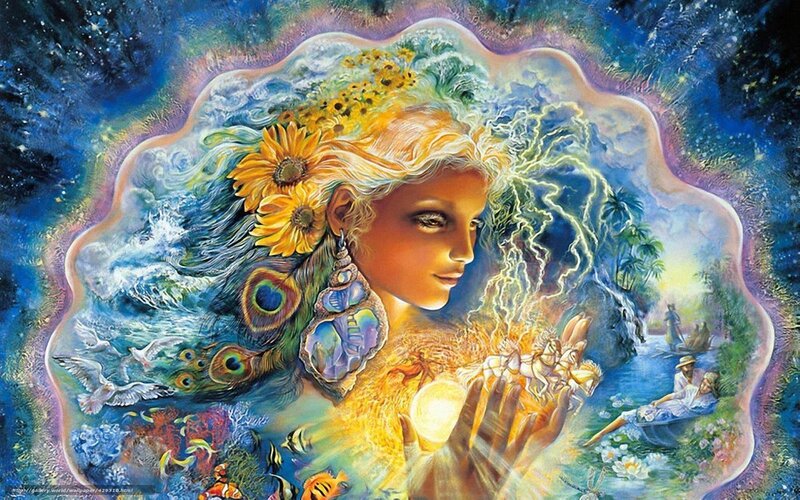 Woman with Sunflowers — Blue, Dreamy, Digital Art