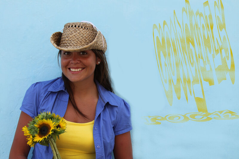 Woman with Sunflowers — Blue, Happy