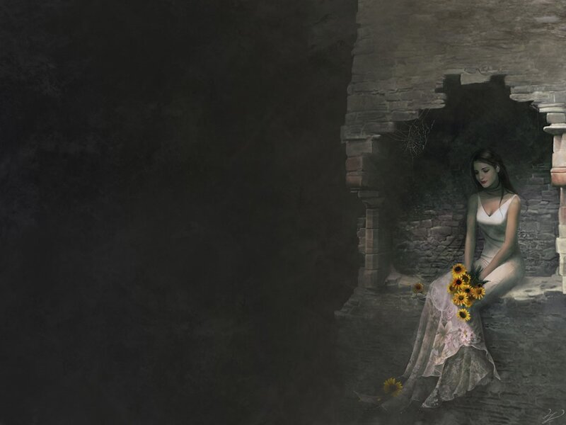 woman with sunflowers in ruins