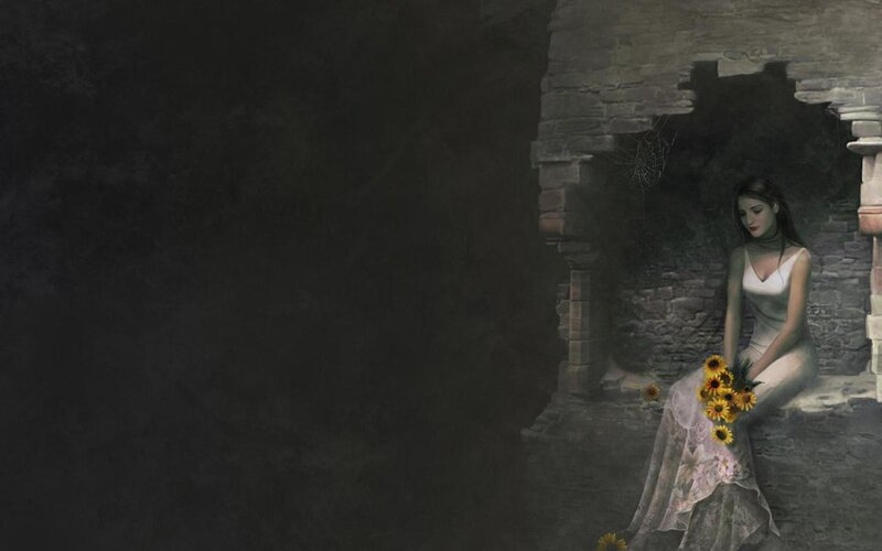 woman with sunflowers in ruins