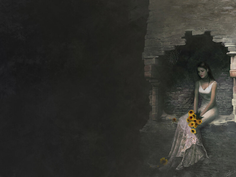 woman with sunflowers in ruins