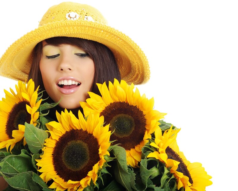 Woman with Sunflowers — Yellow, Bright, Summer