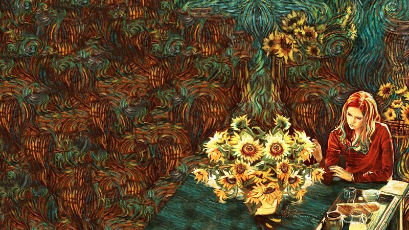 Woman with Sunflowers — Yellow, Dramatic, Digital Art