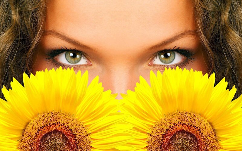 Woman with Sunflowers — Yellow, Playful, Photograph, Eyes, Hair, Green