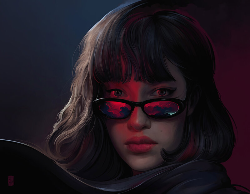Woman with Sunglasses — Black, Dramatic, Night, Digital Art, Hair