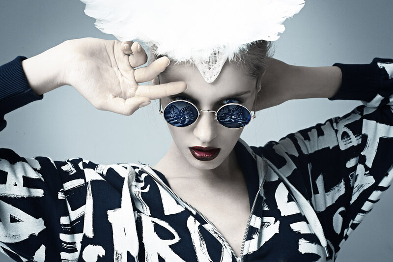 Woman with Sunglasses — Black, Dramatic, Photograph, Feather Hat