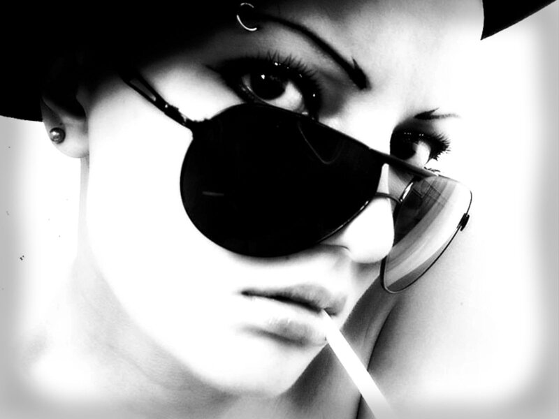 Woman with Sunglasses — Black, Dramatic, Photograph, Hat