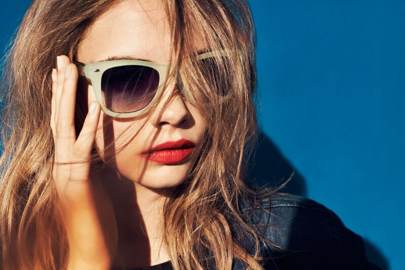 Woman with Sunglasses — Blue, Dramatic, Afternoon, Photograph, Red Lipstick