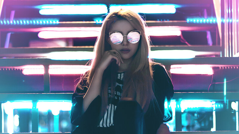 Woman with Sunglasses — Blue, Dramatic, Night, Photograph