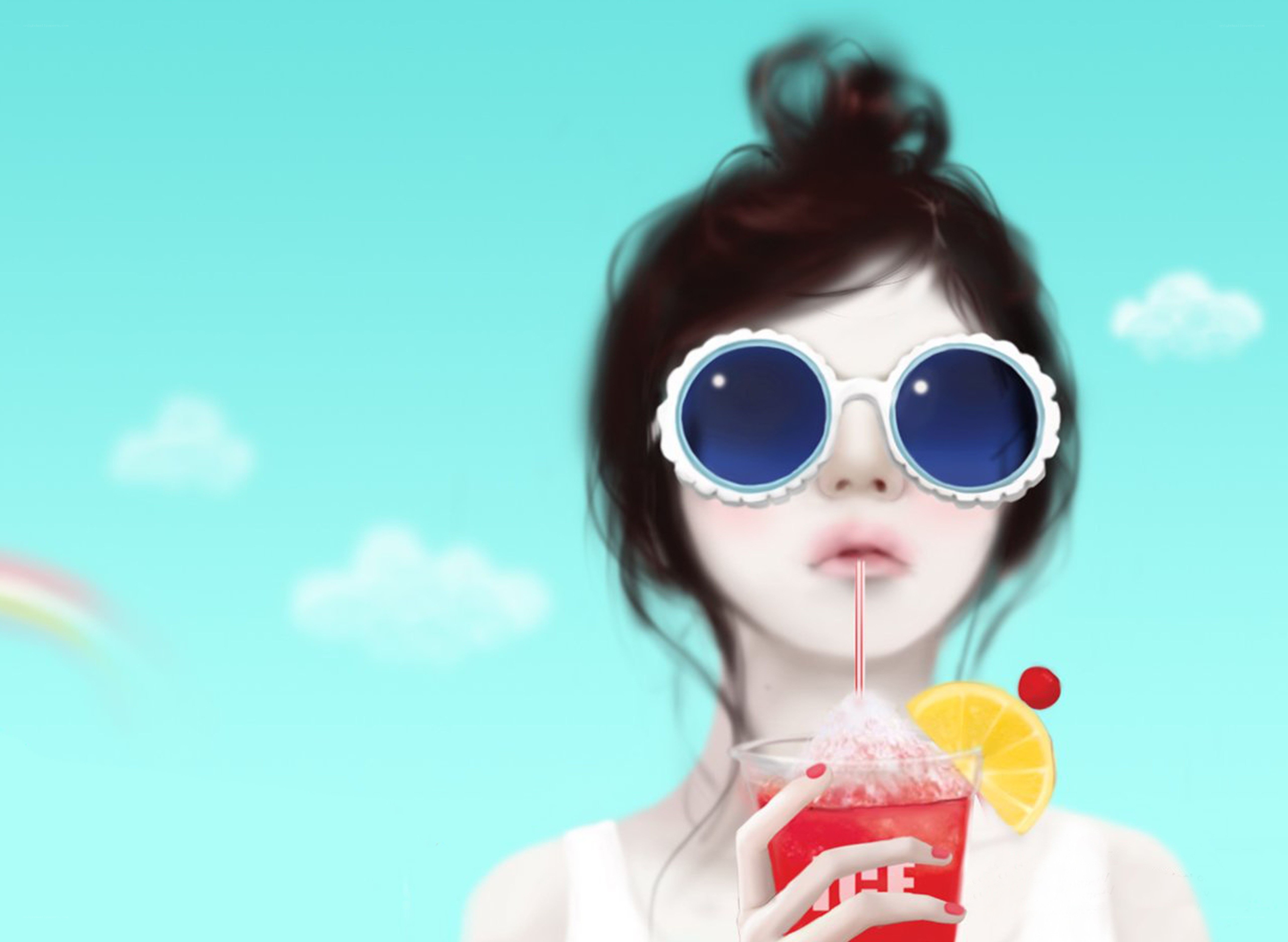 woman with sunglasses drinking drink