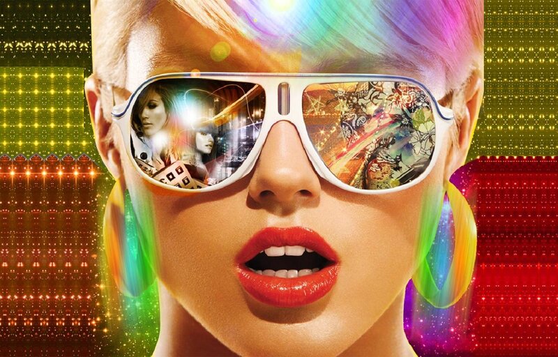 Woman with Sunglasses — Red, Vibrant, Energetic