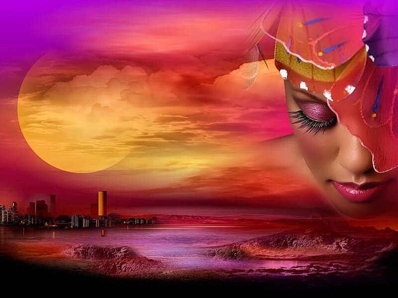 woman with sunset cityscape