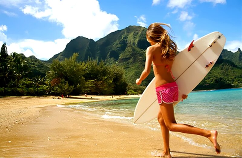 Woman with Surfboard — Blue, Active