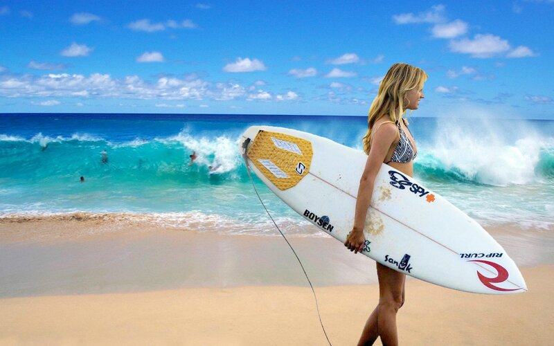 Woman with Surfboard — Blue, Serene, Afternoon, Photograph, Beach