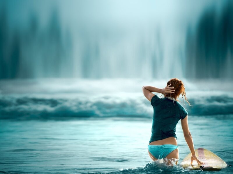 Woman with Surfboard — Blue, Serene, Photograph, Ocean, Waves