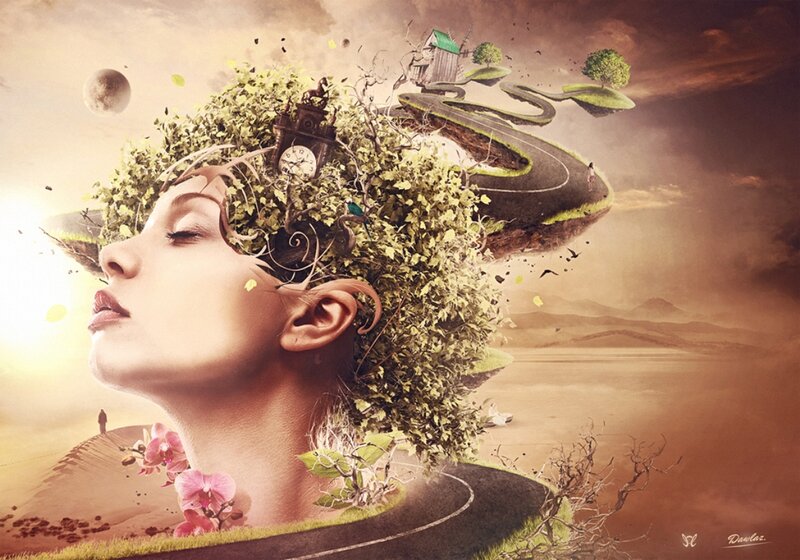Woman with Surreal Landscape