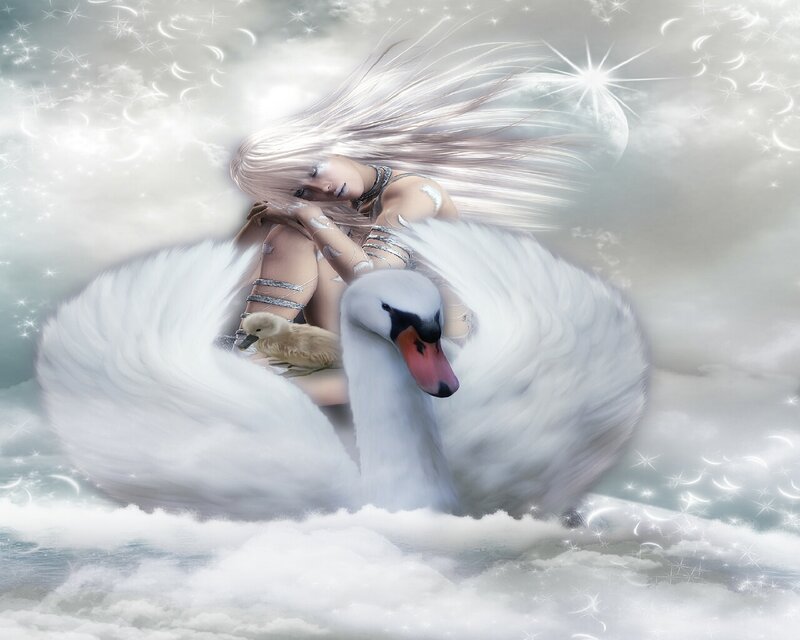 woman with swan and cygnet