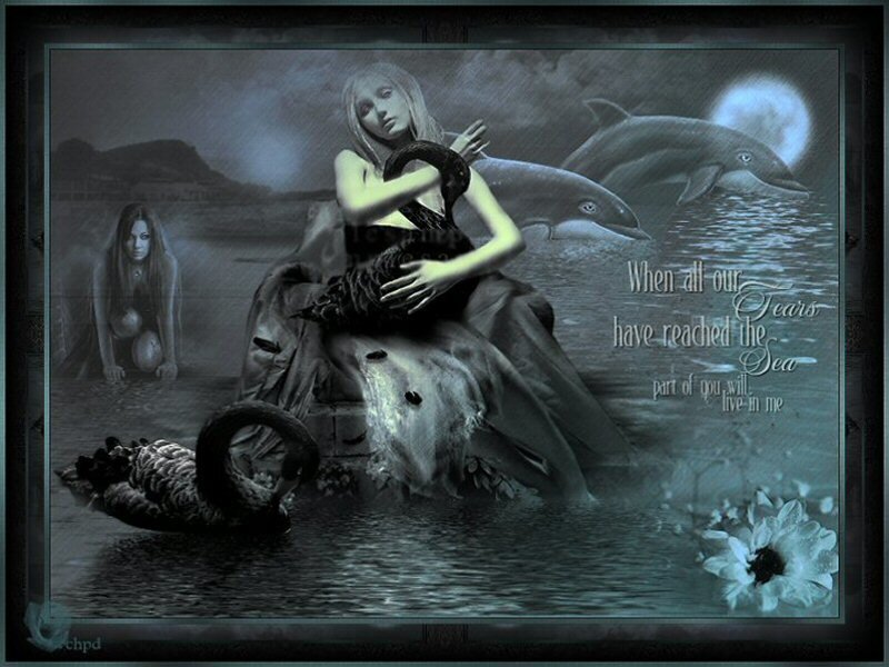 woman with swan and dolphins