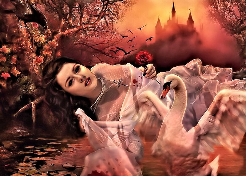 Woman with Swan and Rose — Red