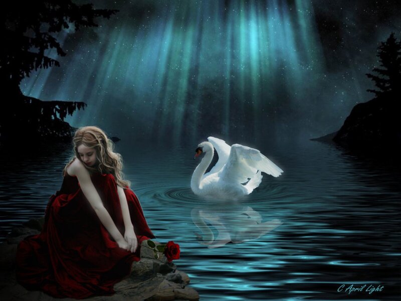 Woman with Swan — Blue, Serene, Night