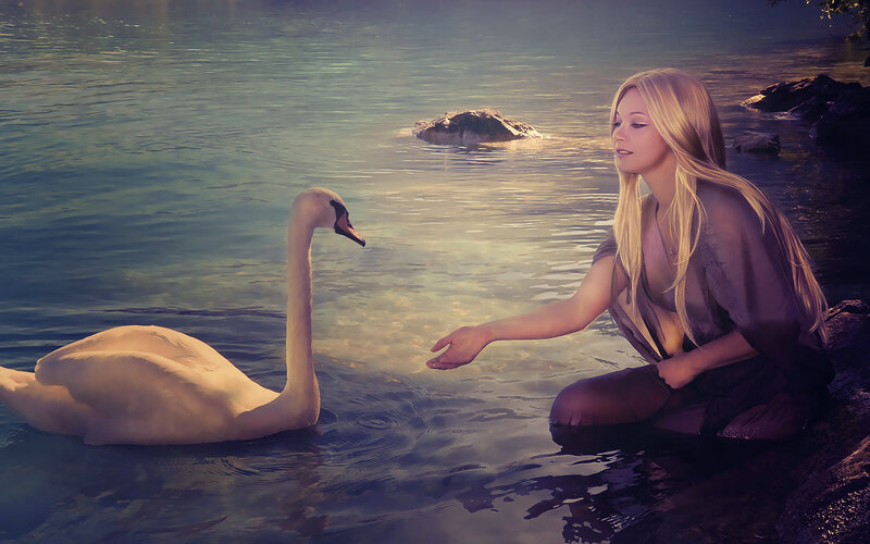 Woman with Swan — Blue, Serene, Sunset, Digital Art