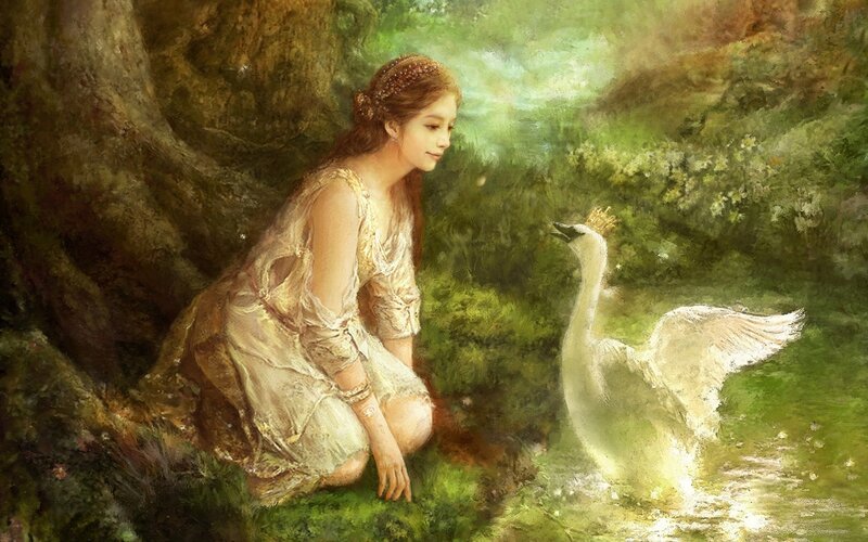 Woman with Swan — Green, Serene