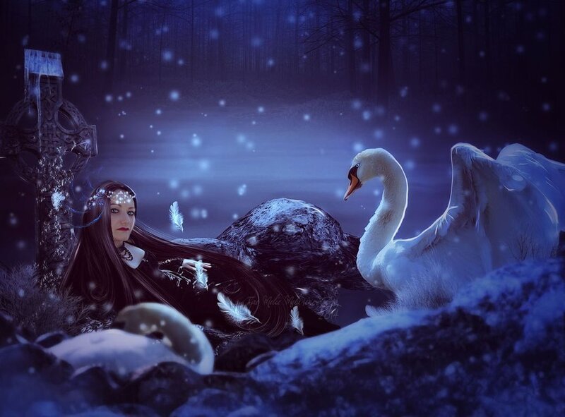 Woman with Swan in Forest — Blue