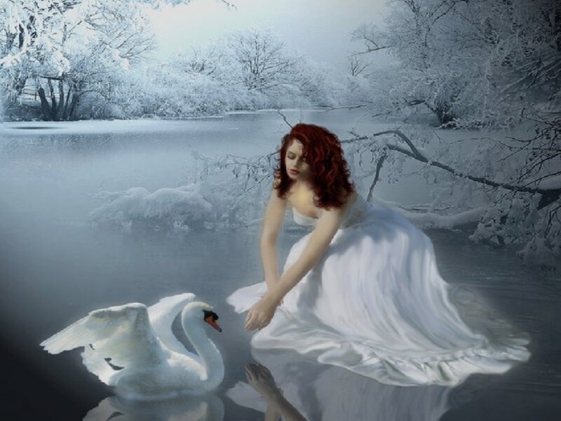 Woman with Swan in Winter — White