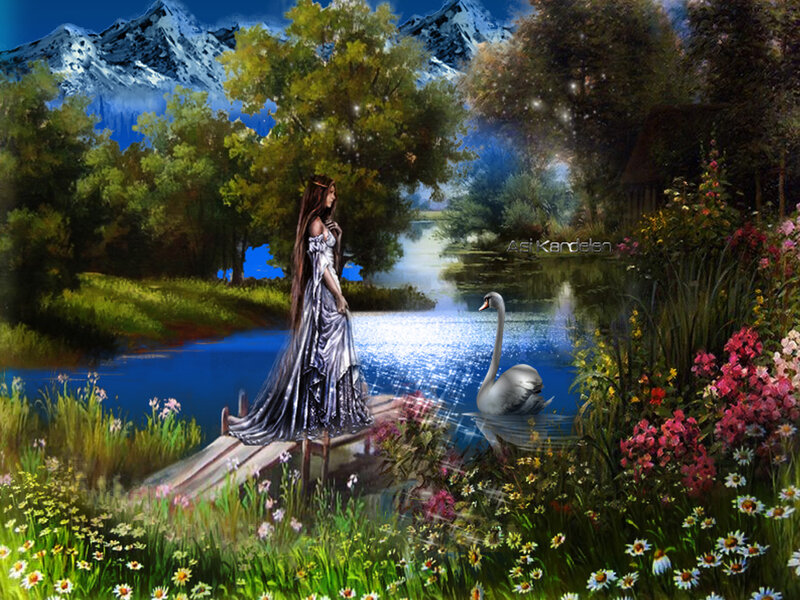 Woman with Swan on Lake — Blue