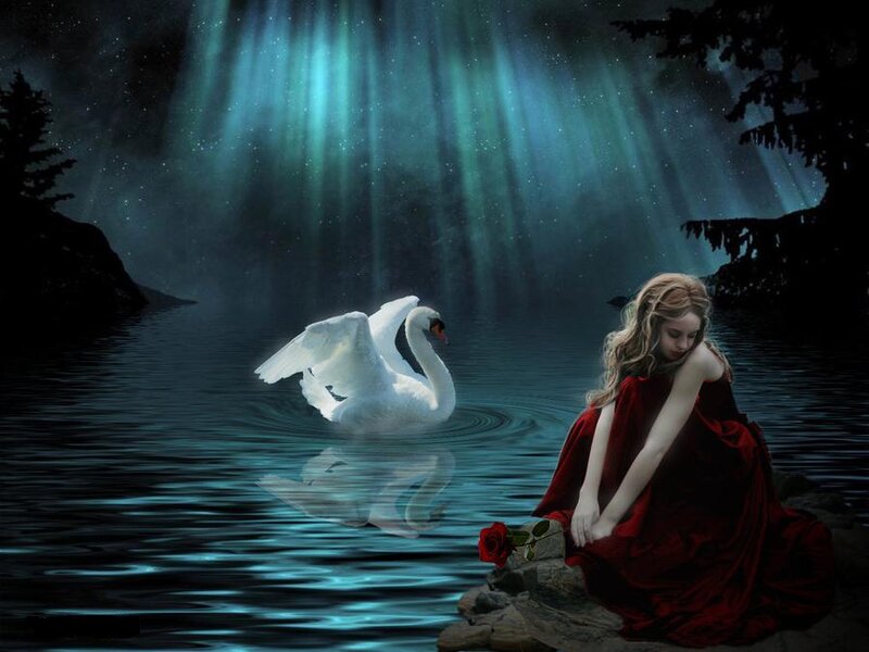 Woman with Swan on Lake