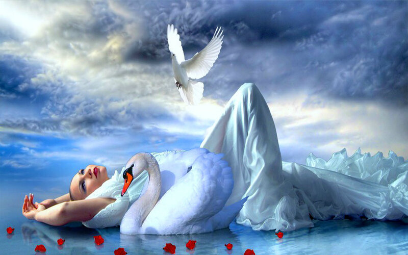 Woman with Swan — White, Serene, Digital Art, Dove
