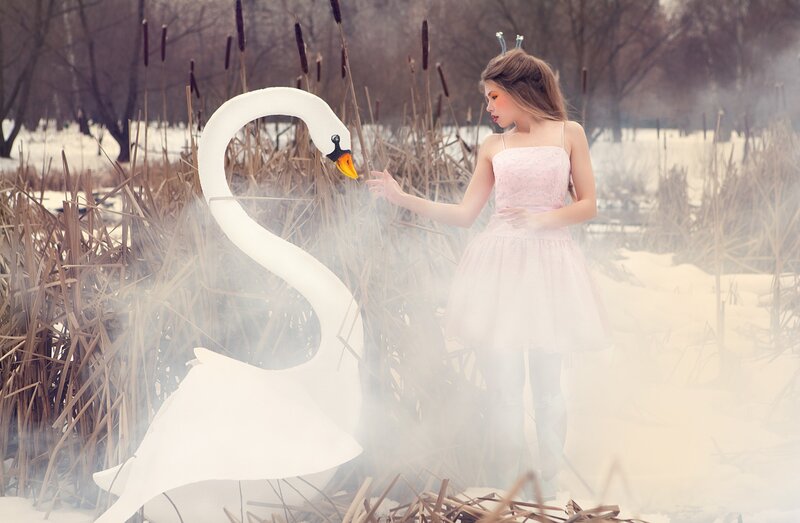 Woman with Swan — White, Serene, Winter