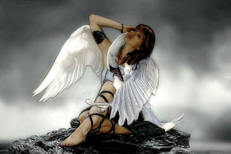 Woman with Swan Wings — White, Dramatic, Digital Art