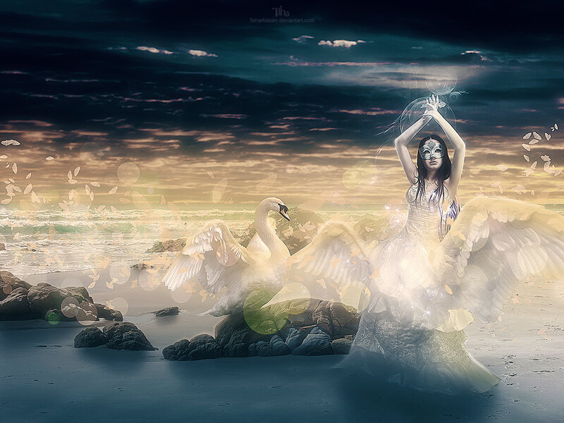 Woman with Swan Wings — White, Dramatic
