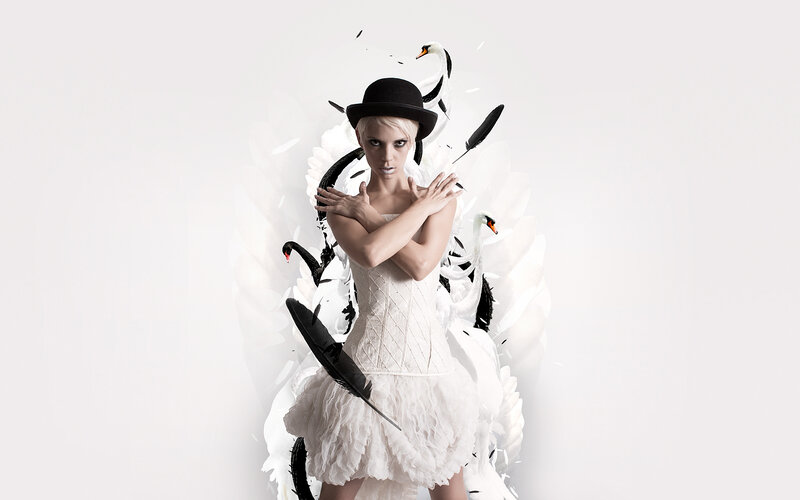 woman with swans and feathers