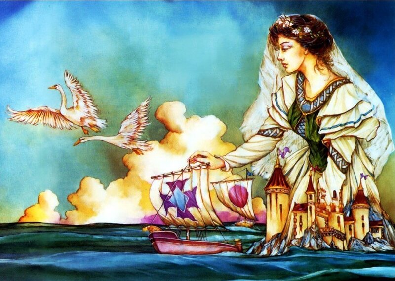 Woman with swans and ship