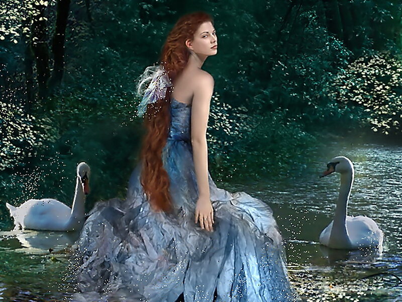 Woman with Swans — Blue, Serene, Afternoon, Digital Art, Forest