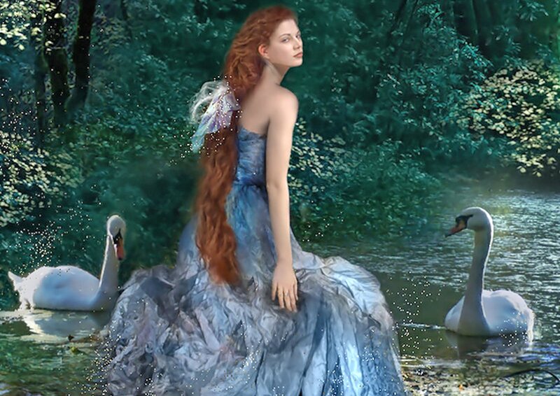 Woman with Swans — Blue, Serene, Afternoon, Digital Art
