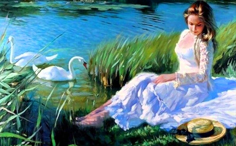 Woman with Swans — Blue, Serene, Afternoon, Painting