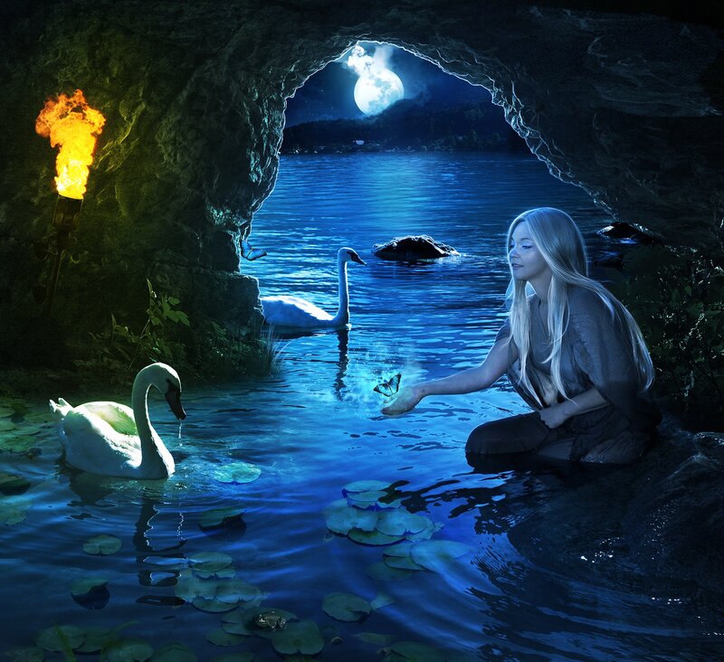 Woman with Swans — Blue, Serene, Night