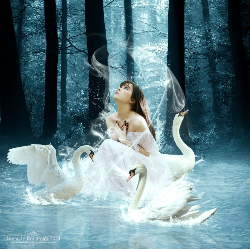 Woman with Swans — Blue, Serene, Winter