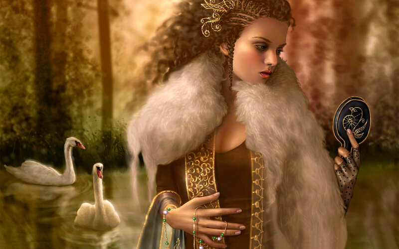 Woman with Swans — Brown, Serene, Digital Art, Mirror, Fur Coat